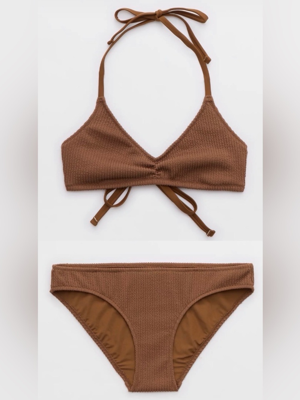 NWT Aerie FULL SET Crinkle Halter Voop Top + Full Coverage Bottom in Brown - M